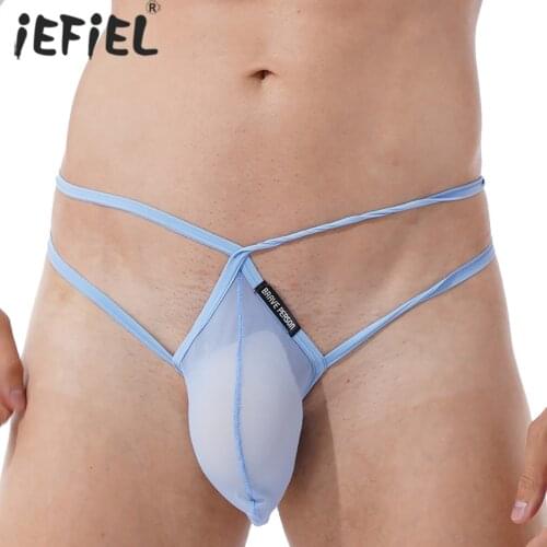 Men Stretchy Low Waist T-back Panties See-through Mesh Bulge Pouch G-string Underpants Solid Color Hallow Out Erotic Underwear