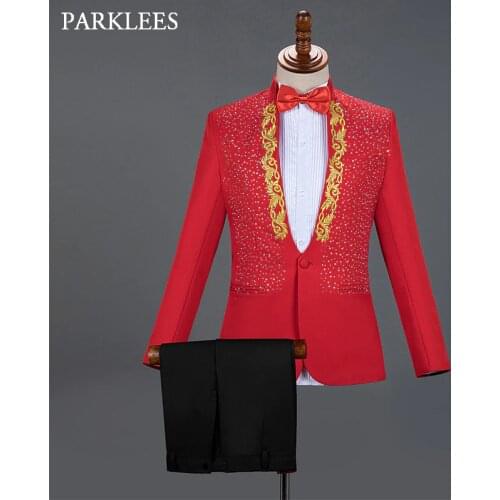 Red Diamond Mens Suits With Pants Gold Embroidered Wedding Suits for Men Stage Singer Tuxedo Suits Party Prom Costume Homme XXL