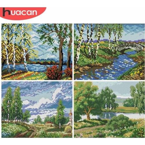 HUACAN Cross Stitch Landscape Sets Kits White Canvas Needlework 11CT 14CT DIY Gift Embroidery Scenery Home Decoration