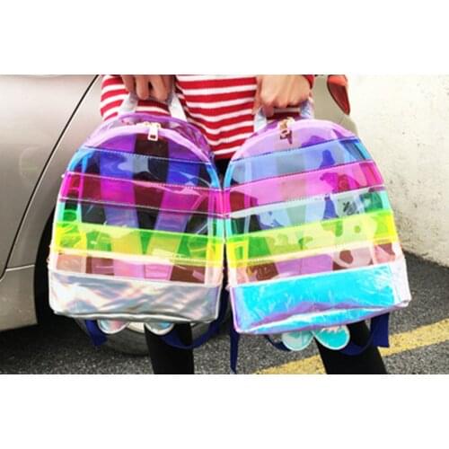 2021 women new Rainbow stripe laser Doll backpack PVC transparent contrast color leisure large-capacity childrens school bag