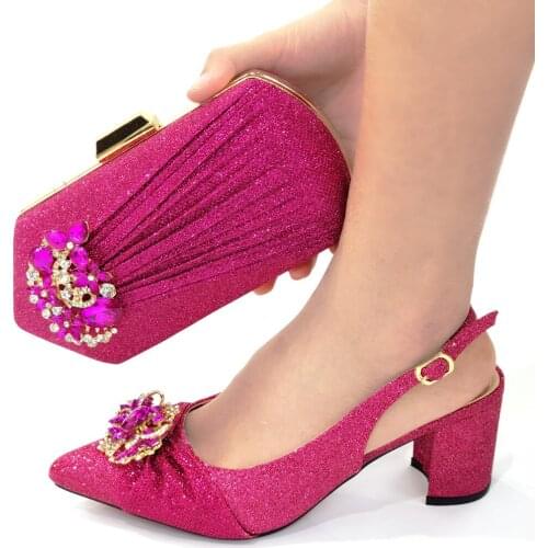 OLOMM New Arrival African Wedding Shoes and Bag Set fuchsia Italian Shoes with Matching Bags Nigerian Women party! !GF1-7