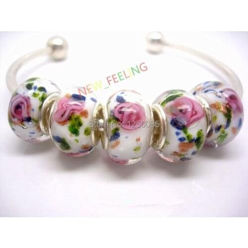 Wholesale 50pcs/lot White color Flower Design Lampwork Glass Beads Fit European Charm Bracelet and Necklace 5mm Dia
