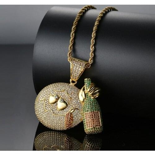 Hip Hop Micro Paved AAA Cubic Zirconia Bling Iced Out Drinking Expression Pendants Necklace for Men Rapper Jewelry