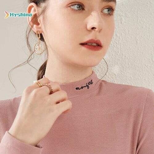Simple Womens Elastic Sweater Shirt Embroidered Half High Collar Solid Color Show Thin Knitting Basic Style
