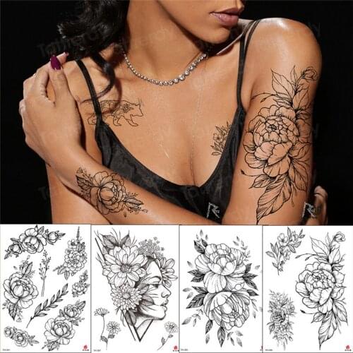 Rose Peony Flower Girls Temporary Tattoos For Women Stretch Waterproof Black Tattoo Stickers Blossom Shoulder DIY Tatoos Henna