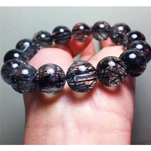 Certificated Gemstone Natural Black Hair Quartz 14mm Beads Natural Crystal Bracelet for Men and Women High Quality Fine Jewelry