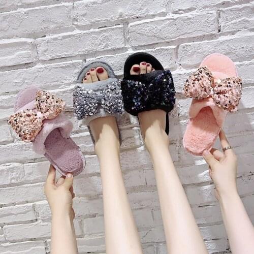 COOTELILI Shoes For Women Woman Slippers New Fashion Sequin Decoration Faux Fur 2cm Heel Slippers Winter Slides For Women 36-41