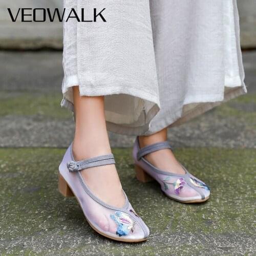 Veowalk Summer Women Gauze Tranparent Fabric Low Block Heel Pumps Ankle Strap Butterfly Embroidered Retro Chinese Style Shoes