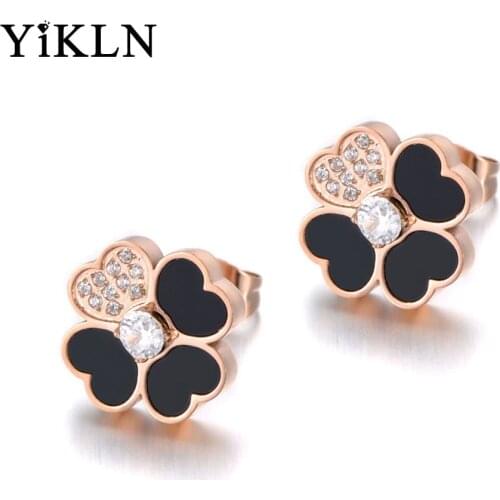 YiKLN Trendy Stainless Steel White/Black Shell Wedding Earrings For Women CZ Crystl Flower Earrings For Christmas Gift YE19280
