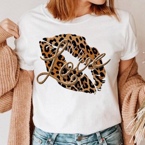 Women Leopard Love Lip New Style Graphic Top Print Clothing 90s T Shirt Female Tee Ladies Short Sleeve Cartoon T-shirt