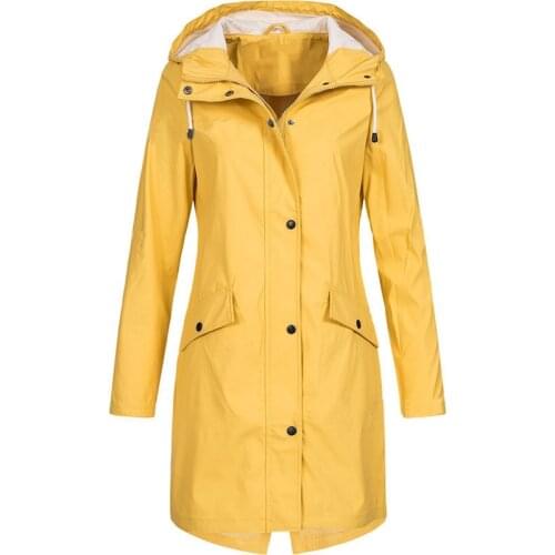 Women Solid Color Long Jacket Windbreaker Hooded Outerwear Outdoor Wheatherproof Clohting Coat Overcoat for Autumn Winter