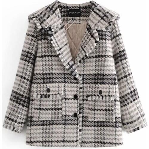 High Quality Spring Autumn Womens Casual Plaid Lapel Loose Short Coat Jackets