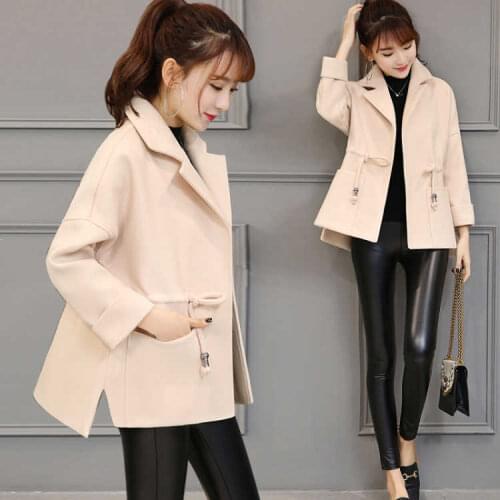 Womens Drawstring Pocket Casual Loose Solid Color Jacket Fall Harajuku Female Woolen Jacket Ladies 2021 Autumn And Winter New