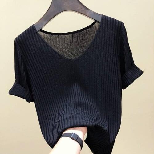 Black beauty Summer Thin Ventilation Office Lady Cloth Women T-shirts Knitting Crop Short Sleeve Stretchy T-shirt Ice silk Tops