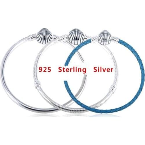 925 Sterling Silver Seashell Clasp Turquoise Leather Bangle Bracelet Fit Women Bead Charm pandora Jewelry
