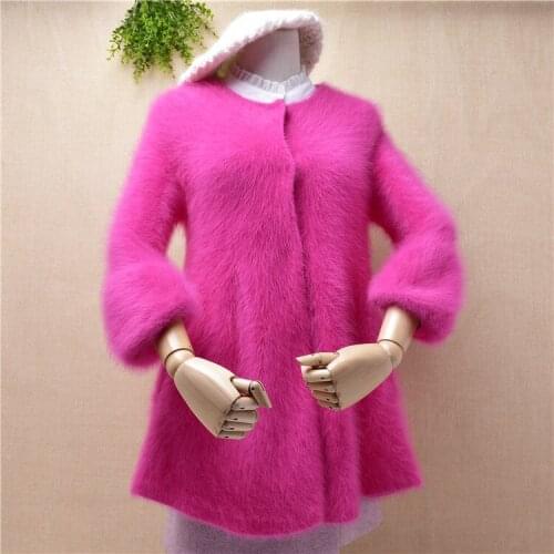 Ladies women fashion rose sweet medium long seven puff sleeves mink cashmere cardigans button coat sweater winter pull clothing