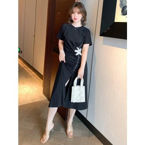 High quality Sequins patch starfish nail bead fold open fork women new summer dress