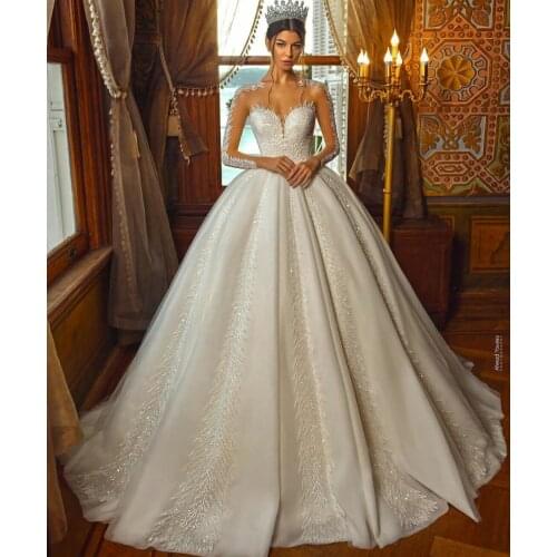 Arabic Long Sleeve Wedding Dresses Jewel Neck Appliqued A Line Country Bridal Gowns Lace Up Custom Made Vestidos De Novia