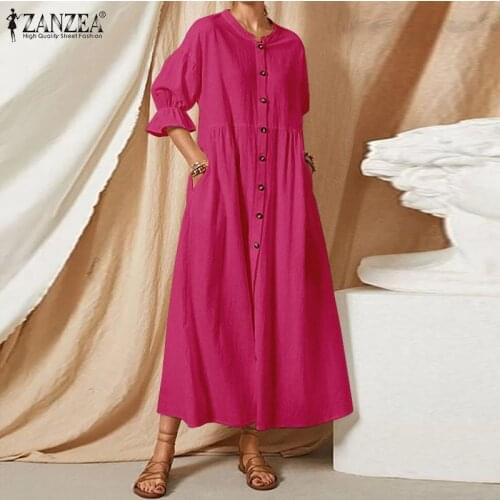 ZANZEA Women Vintage Shirt Dress 2021 Summer Pleated Short Sleeve Maxi Vestidos Casual Solid Button Up Oversize Loose Sundress 7