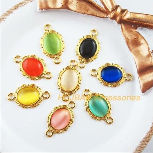 16 New Flower Charms Gold Color Oval Cat eye Stone Mixed Connectors 12x21mm