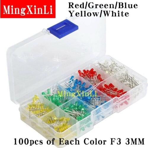 5x100pcs=500Pcs 3MM LED Diode Kit Mixed Color Red Green Yellow Blue White + BOX
