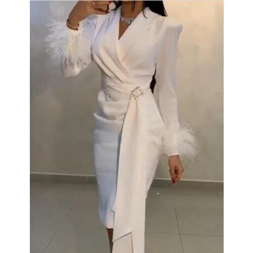 Arabic White Mermaid Prom Dresses Long Sleeve Feather Satin Prom Gowns For African Elegant Night Short Evening Dress Party Wear