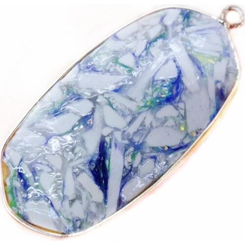 1Pcs 49x23x5mm Blue And White Sea Sediment Jasper & Pyrite Oblong Metal Package Edge Pendant Bead DIY Jewelry Accessories S850