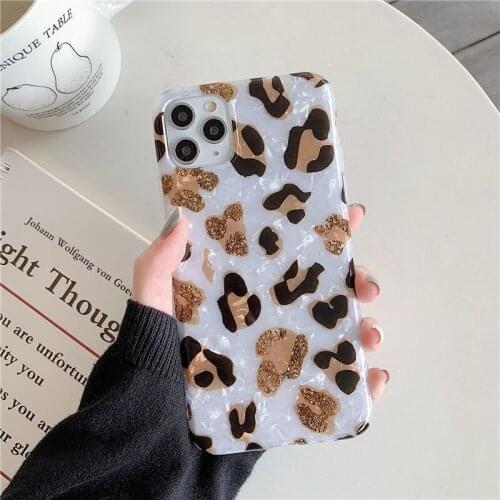 Glitter Leopard Print Phone Case for iPhone 12 11 Pro Max XR XS Max X 6s 7 8 Plus Luxury Soft IMD Dream Shell Marble Back Cover