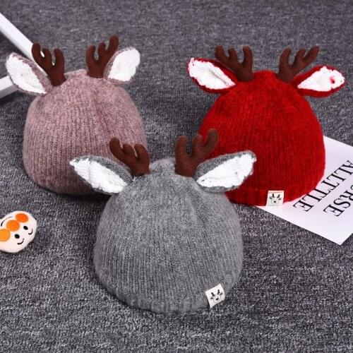 Childrens hat cute hat autumn and winter warm antlers pure color knitted hats for boys and girls cute cartoon woolen hats