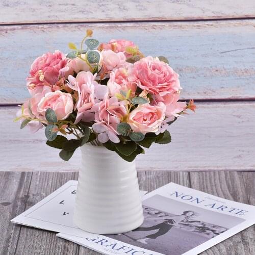 Artificial Flowers Retro Silk Rose Bouquet Hydrangea Peony Vintage Bride Holding Fake Flower Home Wedding Decoration Accessories