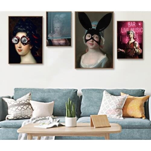 Funny Rabbit Ears Can Glasses Women Painting Modern Abstract Alien Helmet Wall Art Canvas Poster Living Room Home Decoration