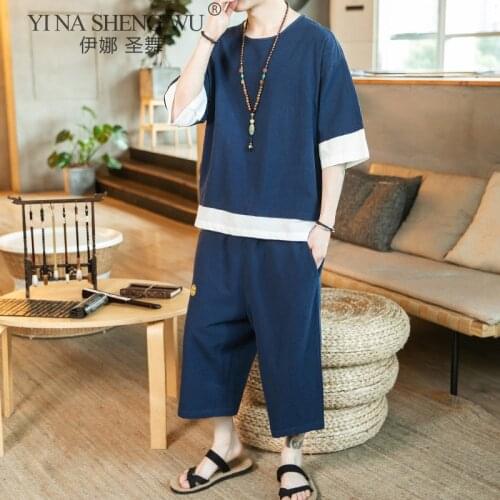 Japanese Style Clothing Set Samurai Man T-shirt Trousers Linen Breathable Chinese Suit Summer Kimono Top Cropped Pants Outfit