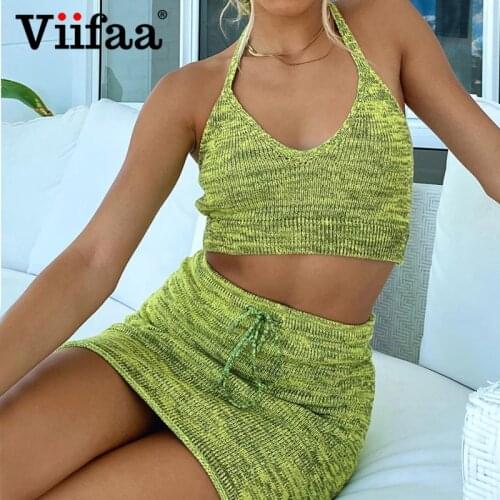Viifaa Beach Dress Sets Women Sexy Halter Top and Mini Skirt Knitted Two Piece Set 2021 Vacation Summer Skinny Sweater Outfits
