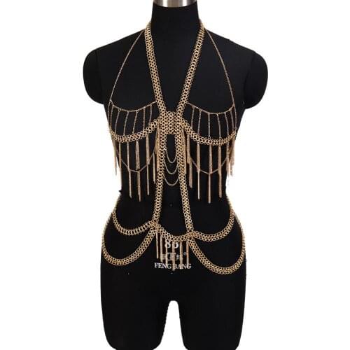 Gold Gorgeous Harness Bikini Beach Bra Belt Tassel Boho Rave Metal jewelry Necklace Women Crop Top Multi-layer Body Chain Adjust
