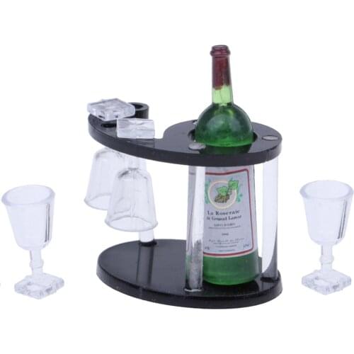 Dolls House Miniature Wine Bottle & 4 Glasses & Holder Display Rack Green