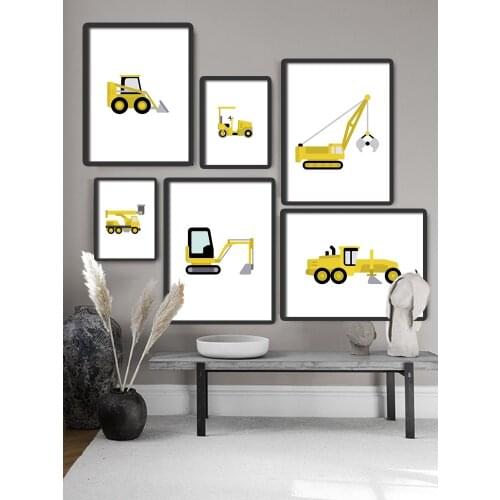 Bulldozer Digger Crane Construction Machine Nordic Canvas Painting Posters and Prints Wall Art Pictures Baby Kids Room Decor