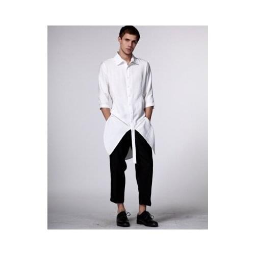 Version Korean fashion nightclub linen stylist nightclub slim five-sleeve shirt personality long mens shirt black sleeves