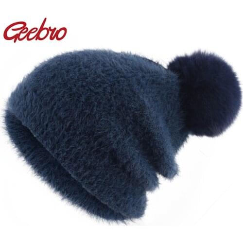 Geebro Womens Winter Beanie Hat 2018 New Wool Warm Slouchy Beanie for Women Female Skullies Hat with Real Fox Fur Pompom DQ838