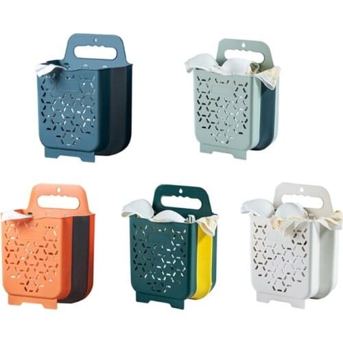 Foldable Laundry Basket Wall-Mounted Collapsible Hanging Plastic Storage Box Bin with Handle Bathroom Sundries Organizer