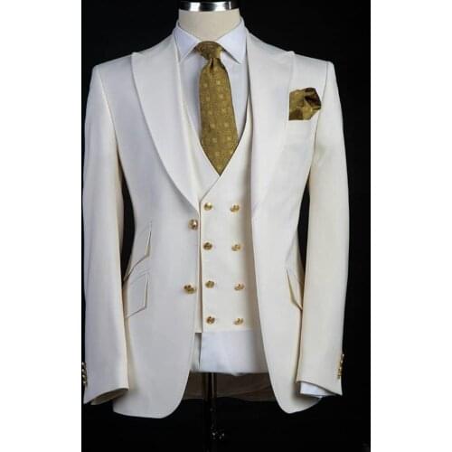 Classic Style Groom Tuxedos Big Peal Lapel Groomsman Suit White Blazer As Wedding Suit Custom Made Man Suit Jacket+Pants+Vest