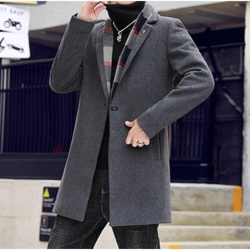 Dark Grey Tweed Men Blazer Autumn/Winter Male Coat with Scarf Formal Mens Business Jacket Casual Sim Fit Blazers for Men 2020
