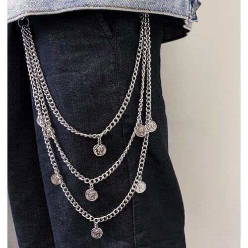 Eboy Three-layer Pants Chain Coin Pendants Waist Chains Wild Silver Color Belly Chain for Men Women Trendy Metal Accessory