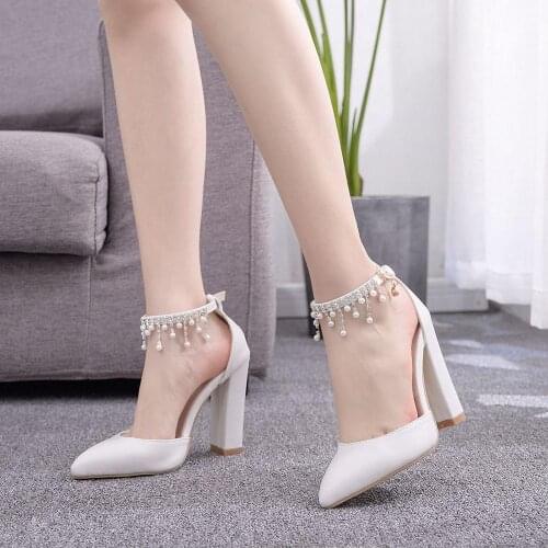 White wedding shoes string bead tassel pointed single shoes shallow mouth square heel high heels evening dress womens pumps