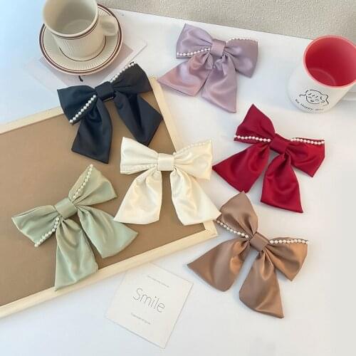 Women Solid Color French Pearl Fabric Elegant Large Bow-knot Hairpin Female Hairpin Version Retro Silk Top Hairpin Decoration