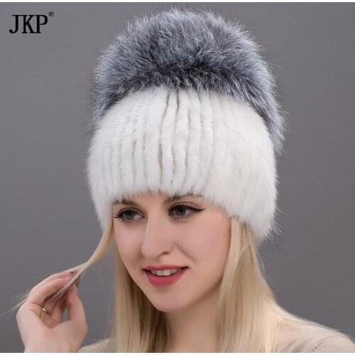 Women skullies genuine winter fur hat mink fur with silver fox pompoms top hats sale hot sale elastic fur cap DHY17-26CX