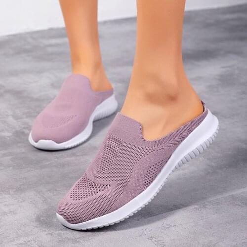 Summer Women Casual Shoes Breathable Mesh Half Shoes Women Platform Vulcanized Shoes Ladies Knitted Half Loafers Chaussure Femme