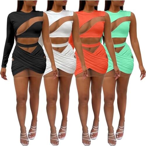 New Women Set Mesh Patchwork Hollow Out Tracksuit One Shoulder Full Sleeve Tops Elastic Zip Mini Skirts Two Piece Set