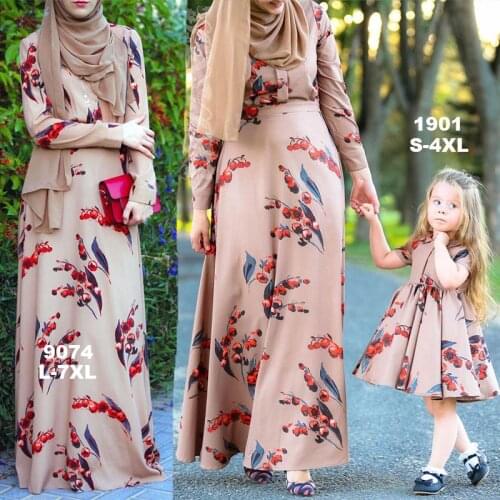 Elegant Muslim Print Abaya Full Dress Mother Kids Vestidos Kimono Loose Long Robe Gowns Jubah Middle East Eid Ramadan Islamic