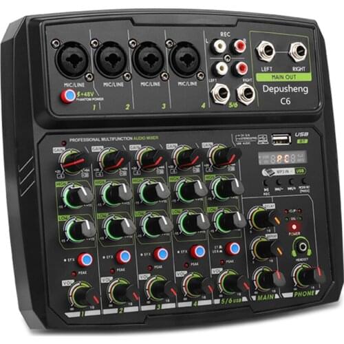 Depusheng C4/6Channel Sound Mixing Console Bluetooth USB Recording Computer Playback 48V Phantom Power Delay Repaeat Audio Mixer