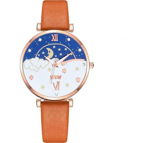 100pcs/Lot CCQ Fashion Roman Numerals Leather Watch Women Casual Stars Moon Pattern Wristwatch Ladies Clock Zegarek Damski